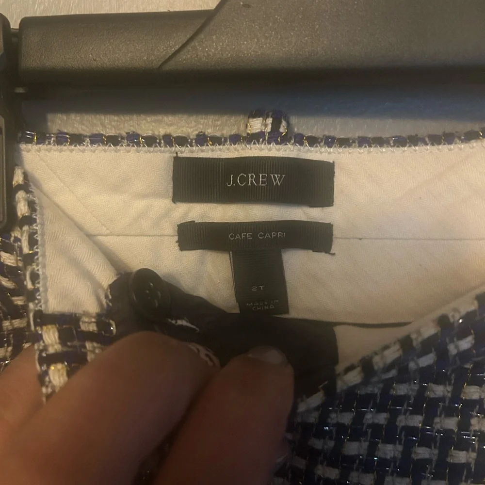 J. Crew pants - “Cafe Capri” silk/cotton blend black/white/royal blue tweed